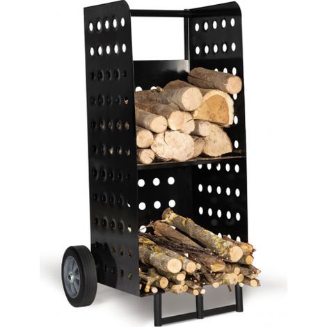 Idmarket – Chariot porte bûches acier noir 40 x 40 x 100 cm – 2 roues robustes – 3 pieds de renfort – Pour stockage intérieur et extérieur