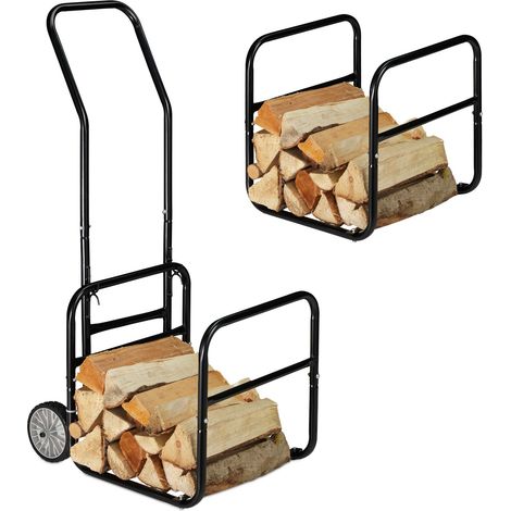 Relaxdays – Chariot à bois 2 en 1 avec roues – Panier à bûches en acier noir – Capacité 45 kg – Dimensions 112 x 43,5 x 59,5 cm
