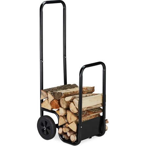 Relaxdays – Chariot de jardin en acier noir – Transport et stockage de bûches jusqu'à 40 kg – Dimensions 100x43x40 cm – Roues de 20 cm