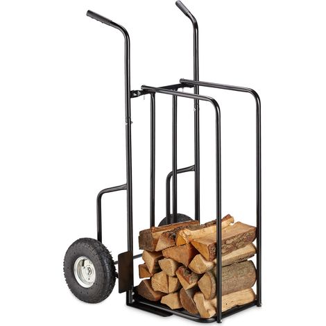 Relaxdays – Chariot à bûches en acier noir – Charge maximale 200 kg – Pneus à air pour transport facile – Dimensions 120 x 63 x 65 cm
